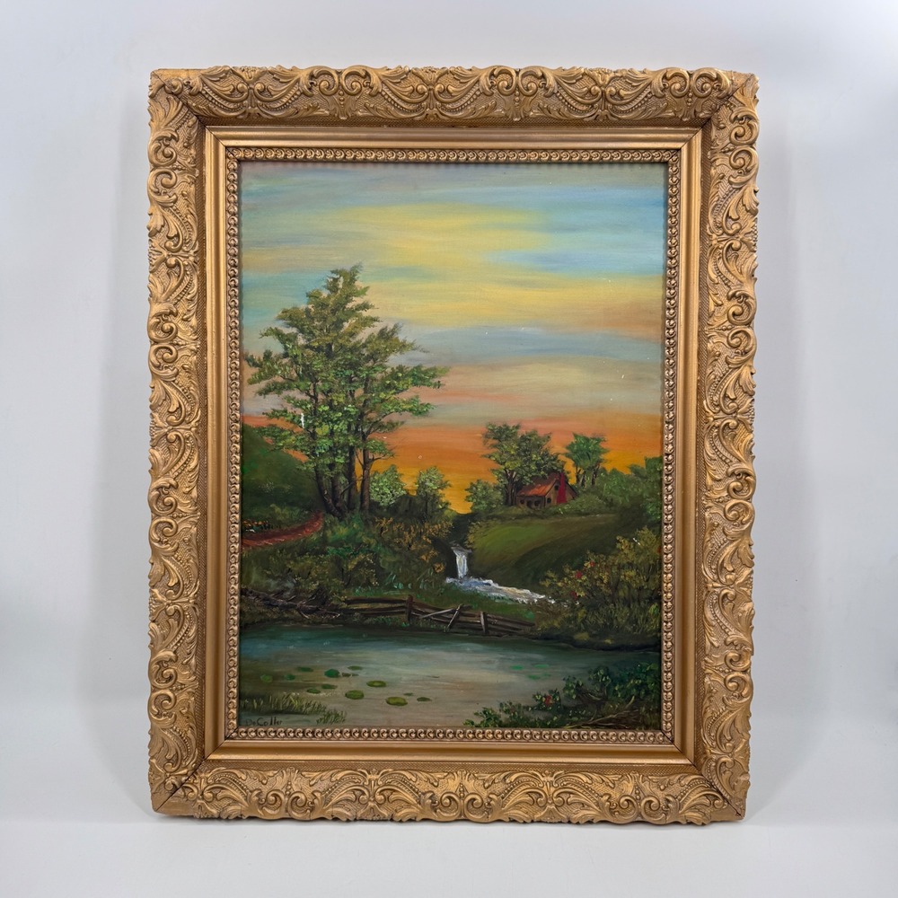 Early 20th Century American Pastoral Landscape Oil Painting in Gilt Frame